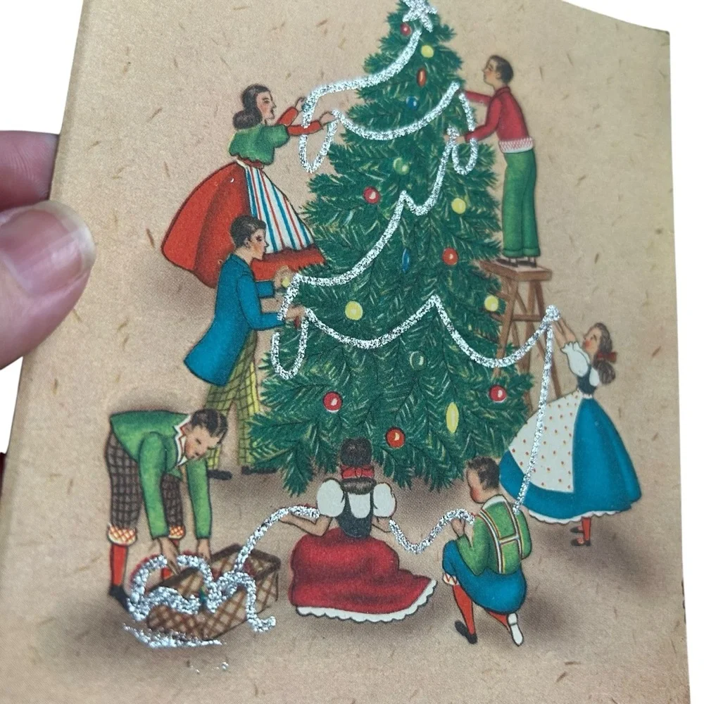 Vintage 40s 50s Rynart Christmas Card Family Decorating Tree w/ Tinsel Retro Art